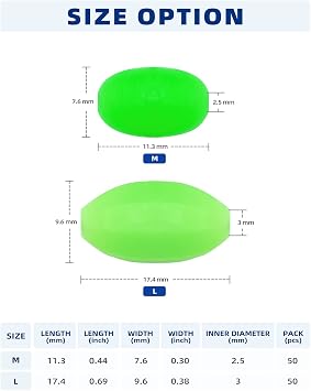 BLUEWING Glow Fishing Bead Oval Bait Luminous Fish Line Ball Stopper Saltwater Freshwater Salmon Trout Accessories, 2.5mm/3mm, 50pcs