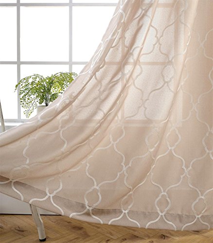 MIUCO Moroccan Embroidery Semi Sheer Curtains Faux Linen Grommet Window Curtains for Bedroom 52 x 63 Inch 2 Panels, Linen