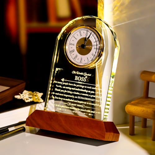 Image of Ornalrist Boss Glass Clock Gifts for Women Men with Wooden LED Light Base, Appreciation Gift for Best Boss, Gift Idea for Lady Boss Going Away Retirement Boss's Day Leader's Day Desk Office Decor