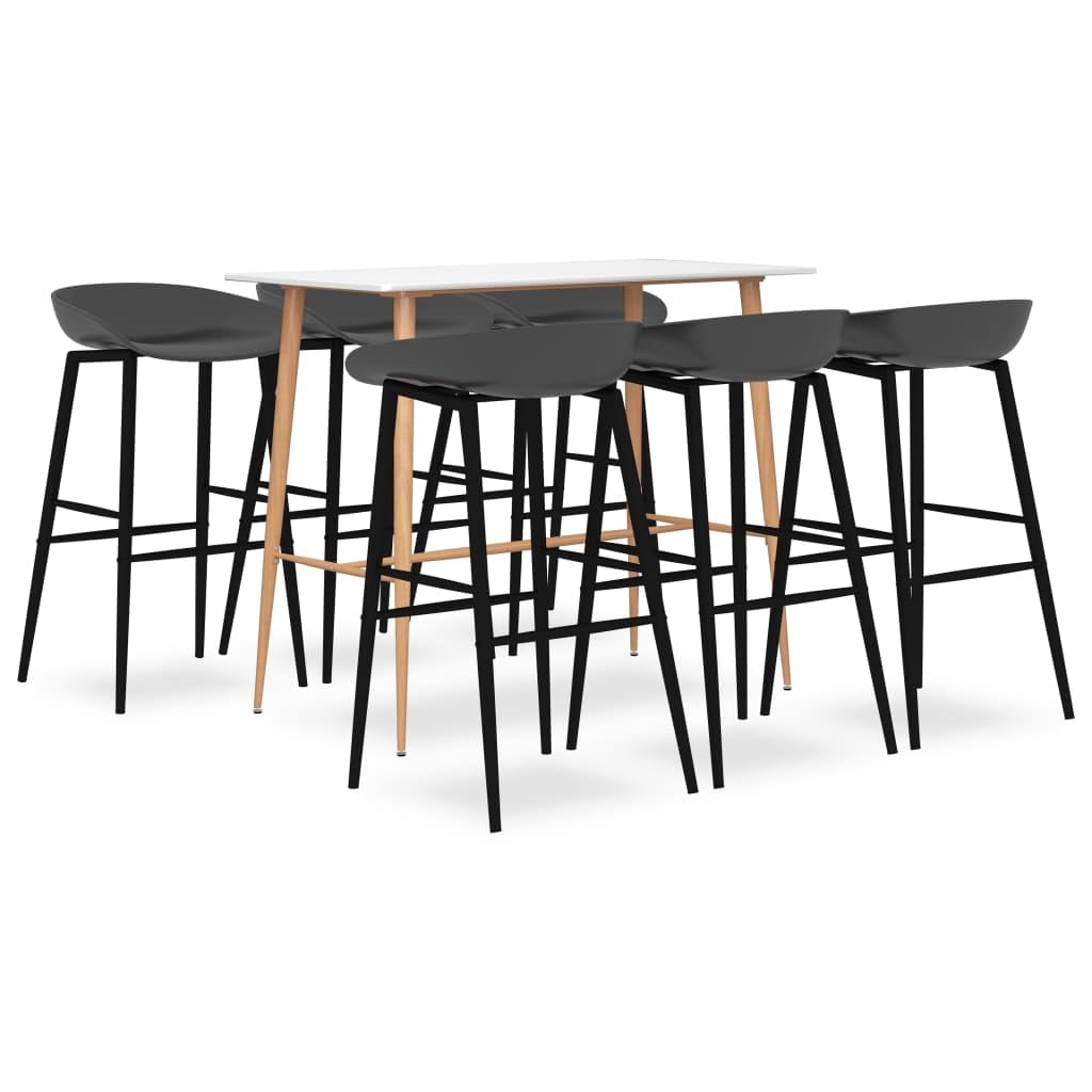Juego de 7 piezas de bar, color blanco y gris con mesa de tablero de fibra de densidad media y patas de metal y taburete de bar con respaldo para instalaciones modernas