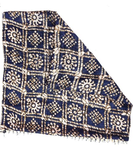 Image of Batik Print Dupatta for Women | Navy Blue and White Floral Geometric Pattern | Cotton Stole