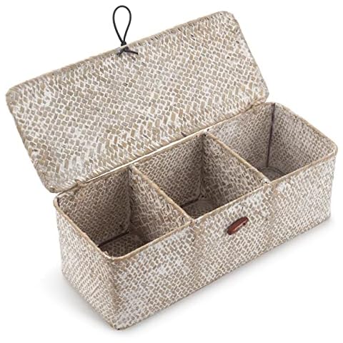 DECRAFTS Seagrass Storage Basket with Lid Small Woven Shelf Baskets Rectangular with Sections for Organize Snack Toys Whitewash Cover