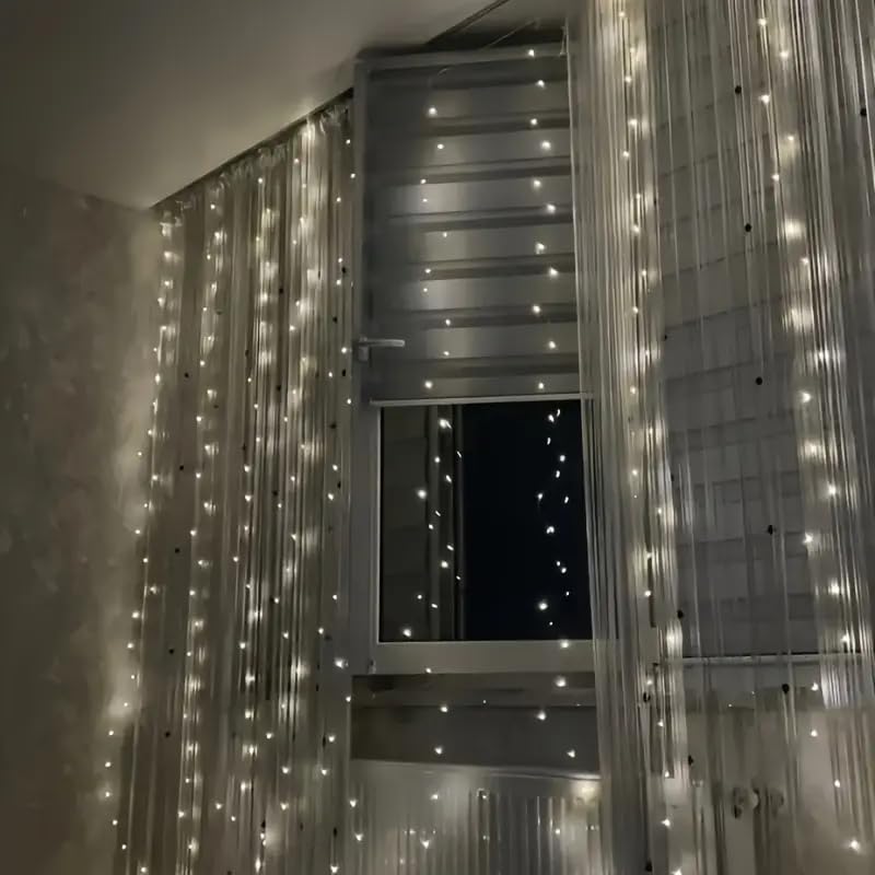 Image of 300 LED Warm White Fairy Curtain Lights - 3m USB Plug-in String Lights with Remote Control, 8 Modes for Indoor /Outdoor Use - Perfect for Bedroom, Weddings, Parties, and Holiday Decor (2, White)