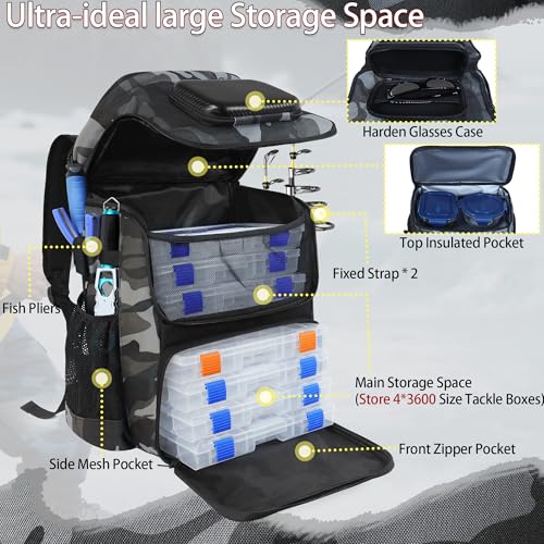 SKAITU Fishing Backpack with Rod Holder X-Large 60L Tackle Gears Bag with Cooler for Storage Tackle Box and Fishing Accessories Stuff, Fish Gifts for Men Woman-Gray Camo — view 5