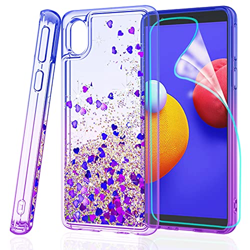 ZingCon Compatible for Samsung Galaxy A01 Core / M01 Core / A3 Core Phone Case,[HD Screen Protector] Heavy Duty Shockproof Glitter Waterfall Quicksand Protective Case for Galaxy A01 Core-Blue/Purple