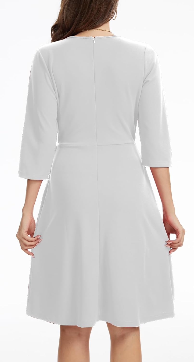 DinyIn Women's Elegant Work Dress V-Neck 3/4 Sleeve Knee Length Belted Waist Business Casual Formal Cocktail Party Dresses - Image 3