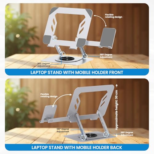 Image of Dyazo 360 Rotation 2 in 1 Laptop Stand with Mobile Holder | Multi Height & Angle Adjustable Design with Cooling Vent & Anti-Slip Pads | Compatible for MacBook, HP, Dell, Acer, Lenovo & More (Silver)