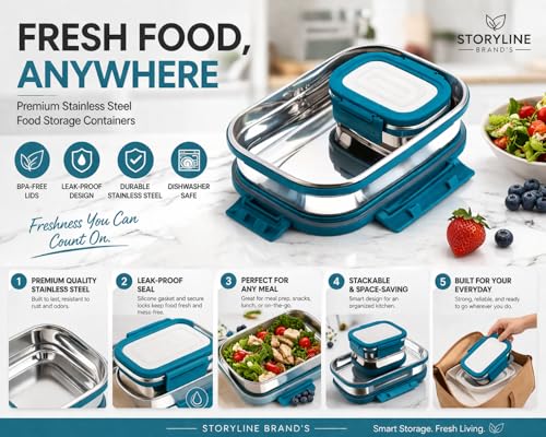 Image of CULINARY CRAFTS Stainless Steel Tiffin Lunch Box Container /Dabba with 4 Side Clip Lock Lid for Office & School Use /Food Grade /Air Tight /Easy to Carry /Leak Proof(900ml 1pc + 200ml 1 Pc) Blue