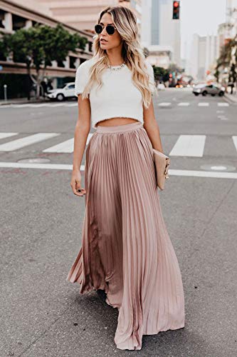 Ebossy Women's High Waist Flowy Pleated Chiffon Maxi Skirt (Large, Pink) #TOP1