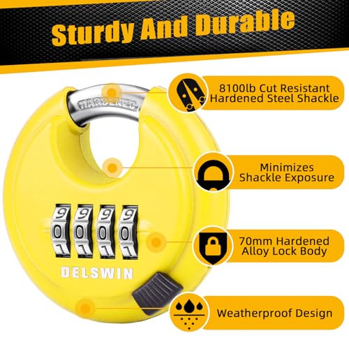 Image of DELSWIN 4 Digit Combination Disc Padlock with Hardened Steel Shackle Combo Lock for Sheds, Storage Unit, School Gym Locker and Fence (Yellow,1Pcs)
