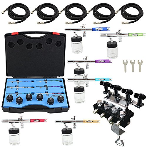 Ophir 6Pcs Different Color 0.35Mm Dual Action Airbrush Guns Set Kit With 4-Airbrush Holders Set Airbrush Paint Gun For Model Painting Body Painting Cake #TOP1