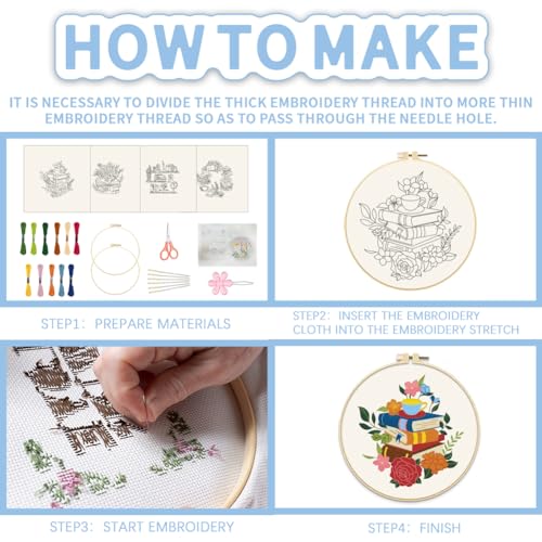 Image of FREEEBLOSS 4 Set 8'' Flowers Embroidery Kit for Beginners Stamped Books and Flowers Pattern Embroidery Kit Cross Stitch Kit Embroidery Starter Kit with Instructions, Embroidery Hoops