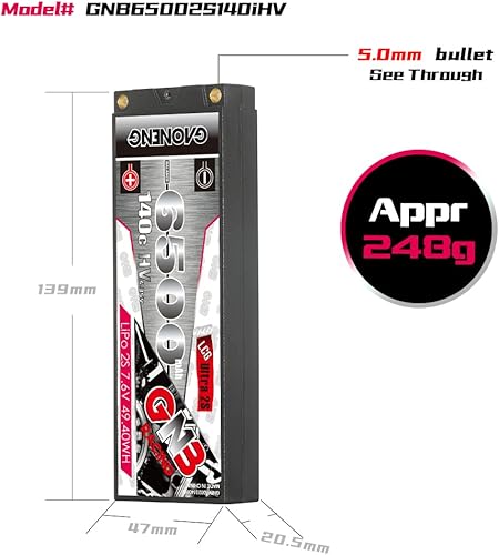 Miniatura 5 de GAONENG GNB 6500MAH 2S HV 7.6V 140C 0.197 in Bullet Hard Case RC LiPo Batería 110 Escala 112 RC Race Car LiHV