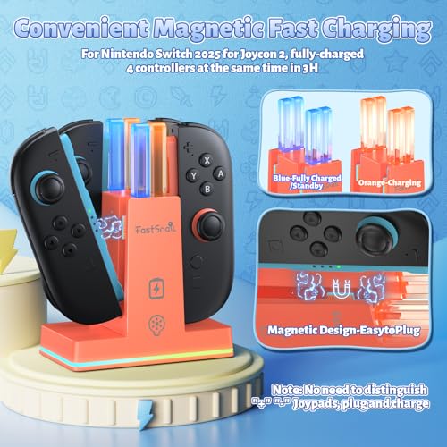 Image of FASTSNAIL Switch 2 Controller Charger Dock for Nintendo Switch 2 for JoyCon | 4-in-1 Fast Switch 2 Joypad Charging Dock Station, 9 RGB Light, Dual-Direction Magnetic Stand for Joycon 2 Accessorie, Orange