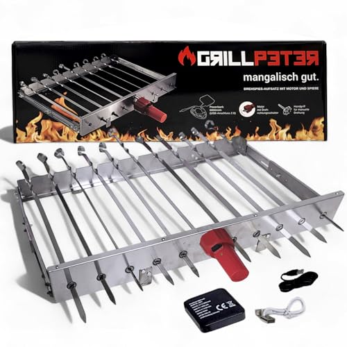 Grillpeter Schaschlik Spießdreher aus Edelstahl Motor mit Powerbank Spieße für Mangal (für 9 Spieße)