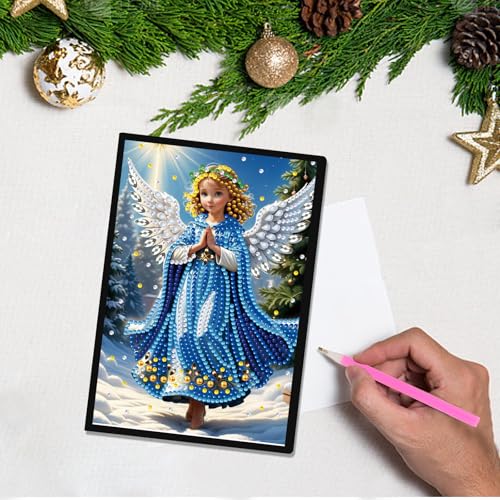Image of 5D Diamond Painting Notebook Kits Christmas Journal Blue Angel Special Shaped Diamond Kits Leather Cover Dairy Plain Sketchbook Crystal Gems Art Christmas Dairy Book for Office Study Writing 21x14.5CM