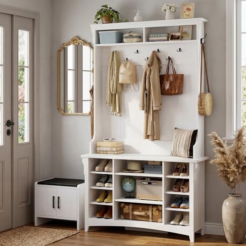 IRONCK Hall Tree with Bench and Shoe Storage, 6-in-1 Entryway Bench with Coat Rack, Adjustable Shelf, Hanging Hooks, 11 Shoe Cubbies, 2-Tier Top Storage, for Entryway, Bedroom, Living Room, White