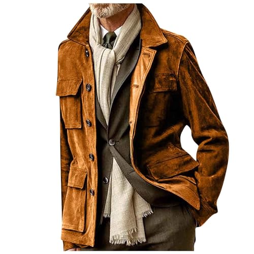 Mens Faux Suede Leather Jacket Single Breasted Button Down Solid Lapel Neck Outerwear Coat with Pocket for Wedding Prom