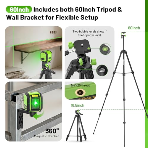 Image of Laser Level with 60 Inch Tripod, Fathers Day Dad Gifts, Huepar 100Ft Self Leveling Laser Level Rechargeable Green Cross Line Lazer Leveler Tool for Picture Hanging, Magnetic Bracket & Target Plate
