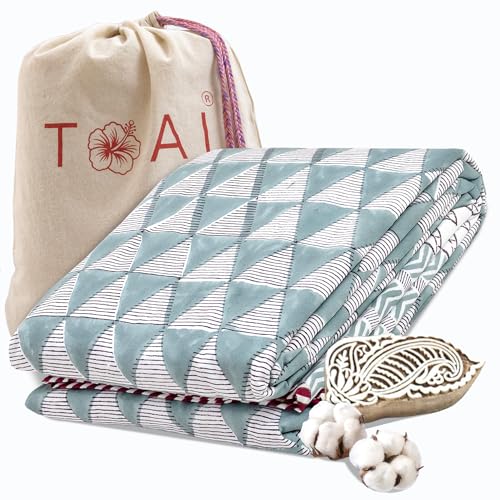 Image of TOAIArt Premium Jaipuri Dohar | AC Blanket Summer Quilt | Hand Block Printed | 3 Layers | Reversible | 150GSM 100% Mulmul Cotton | 100% Cotton Flannel Filling | Single 60 inch X 90 inch |Geometric Triangles