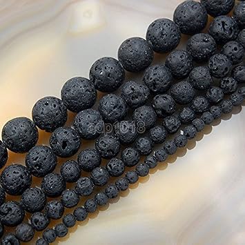 AD Beads Natural Gemstone Smooth Round Loose Beads 15" 4mm 6mm 8mm 10mm 12mm 4mm, Black Rock Lava