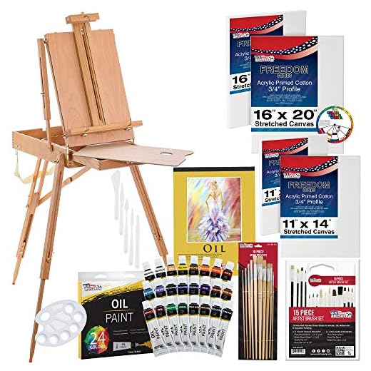 U.S. Art Supply 63-Piece Artist Oil Painting Set with Coronado French Style Sketch Box Easel, 24 Oil Paint Colors, 25 Brushes, 4 Stretched Canvases, Oil Painting Paper Pad, 2 Paint Palettes & 5 Knives
