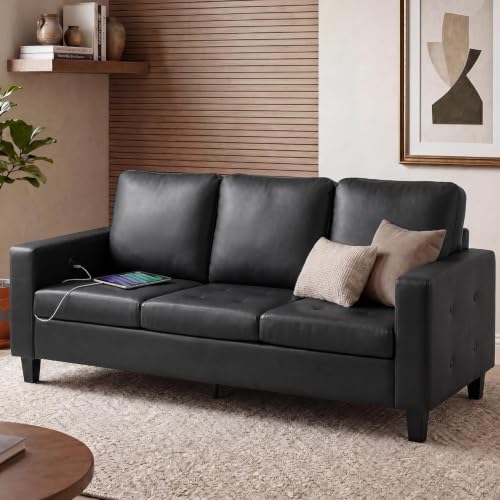 Image of STHOUYN Black Faux Leather 3 Seater Sofa Couch and Loveseat Set (3+2) | STHOUYN, Modern, Comfy, Tufted Armrest, USB Charger, 2 Pieces Living Room Furniture Sets, Office