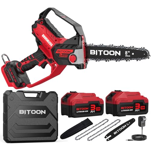BITOON 8 Inch Mini Chainsaw with 2PCS 3.0Ah Battery and Charger, Auto-Oiler, Brushless Cordless 8-Inch and 6-Inch 2-in-1 Pruning Chain Saw, Portable Electric Chainsaw for Cutting Wood, Branches Red