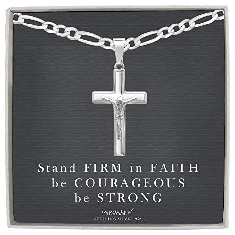 Mens Sterling Silver Crucifix Necklace Figaro Chain and Inspirational Faith Card Gift - 120-18 - Pendant Cover