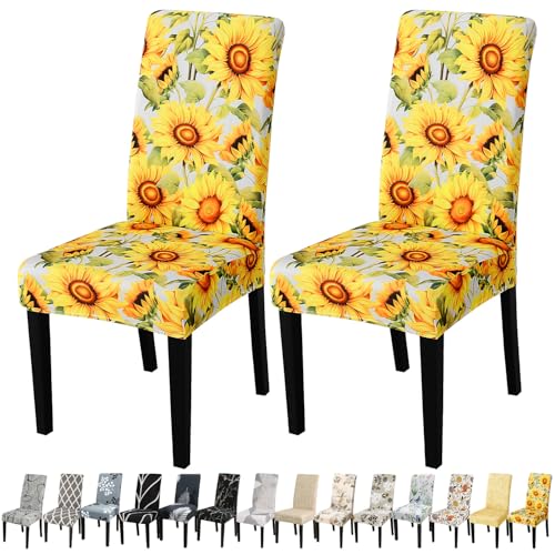JQinHome Pattern Chair Covers for Dining Chairs, High Stretch Removable Washable Parsons Chair Slipcover for Home Party Hotel Wedding Ceremony (Sunflower,2PCS)