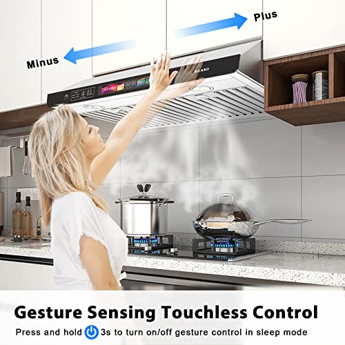 Brano Under Cabinet Range Hood 36 Inch With Voice Control, 900 Cfm Kitchen Hood Ducted Brushed Stainless Steel Vent Hood With Led Lights, Touch Control, Gesture Sensing Touchless Control, 4-Speed Fan #TOP3