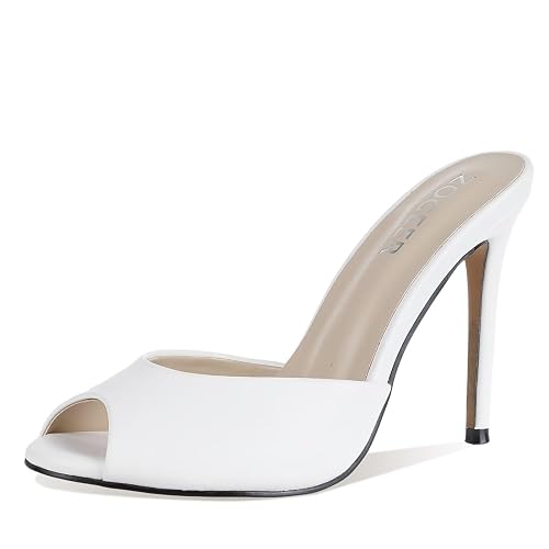 ZOGEER Women Stiletto High Heel Sandals Peep Toe Slip On Mules Party Shoes | Sexy,Slip On,3.9 inch Stiletto High Heel Sandals,Open Fish Mouth Toe,Wedding Bridal Party Prom Graduation Dress Summer Shoes - 9.5 - White
