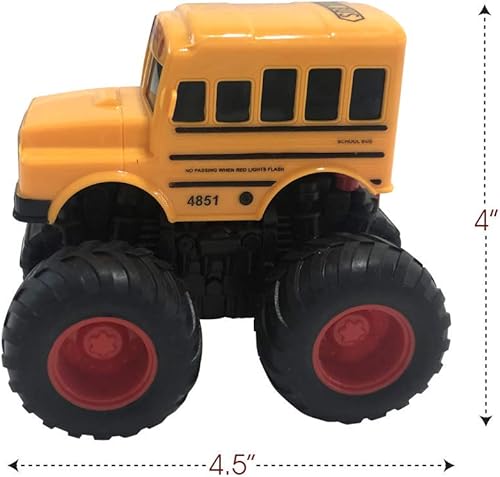 Miniatura 2 de ArtCreativity Juguete de autobús escolar amarillo con neumáticos de camión monstruo negro, auto de juguete Push n Go para niños, material plástico