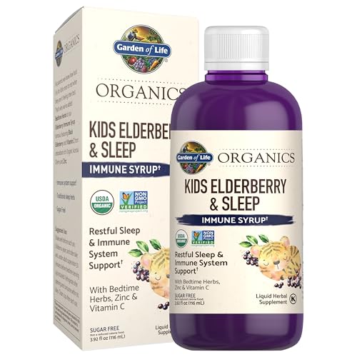 Image of Garden of Life Organics Elderberry Immune Support for Kids with Zinc, Vitamin C - Kids Elderberry & Sleep Immune Syrup Liquid, Bedtime Herbs for Children, No Alcohol, No Added Sugar, 3.92 fl oz