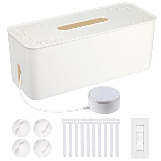 Cable Management Box - Newest Wall Mount Cord Organizer Box for Power Strips, Chargers, TV Computer Wire, Surge Protector Cord Hider Box: Cable Organizer Box for Home & Office - White