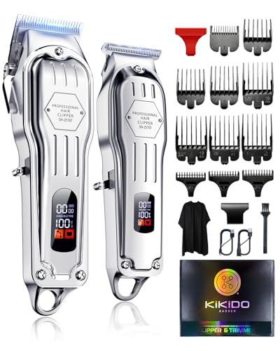 KIKIDO Hair Clippers Professional Cordless for Men, Barber Clippers for Hair Cutting Kit, Wireless LCD Display Hair Trimmers Set, Rechargeable Haircut Machine for Family (Sliver)
