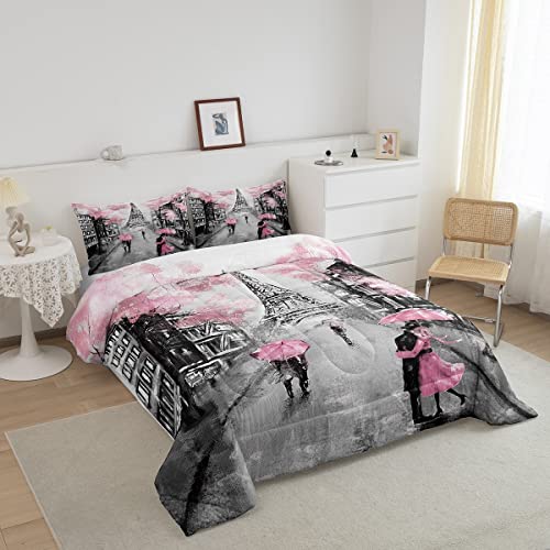 Paris Comforter Set French Eiffel Tower Bedding Sets Twin For Girls Kids Women Paris Themed Bedroom Decor Watercolor Cherry Blossoms Comforter Couple Retro Gray Building Quilted Duvet Pink Grey 2 Pcs #TOP1