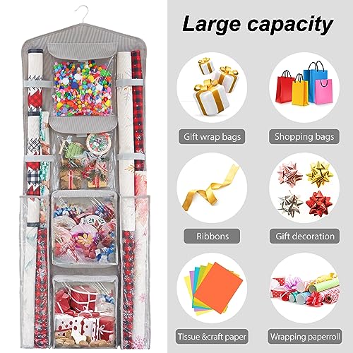 Fixwal-Christmas-Hanging-Gift-Wrapping-Paper-Storage-Oxford-Double-Sided-Hanging-Gift-Wrap-Craft-Roll-Organizer-Storage-Pockets-Hanging-Pantry-Organizer-Grey