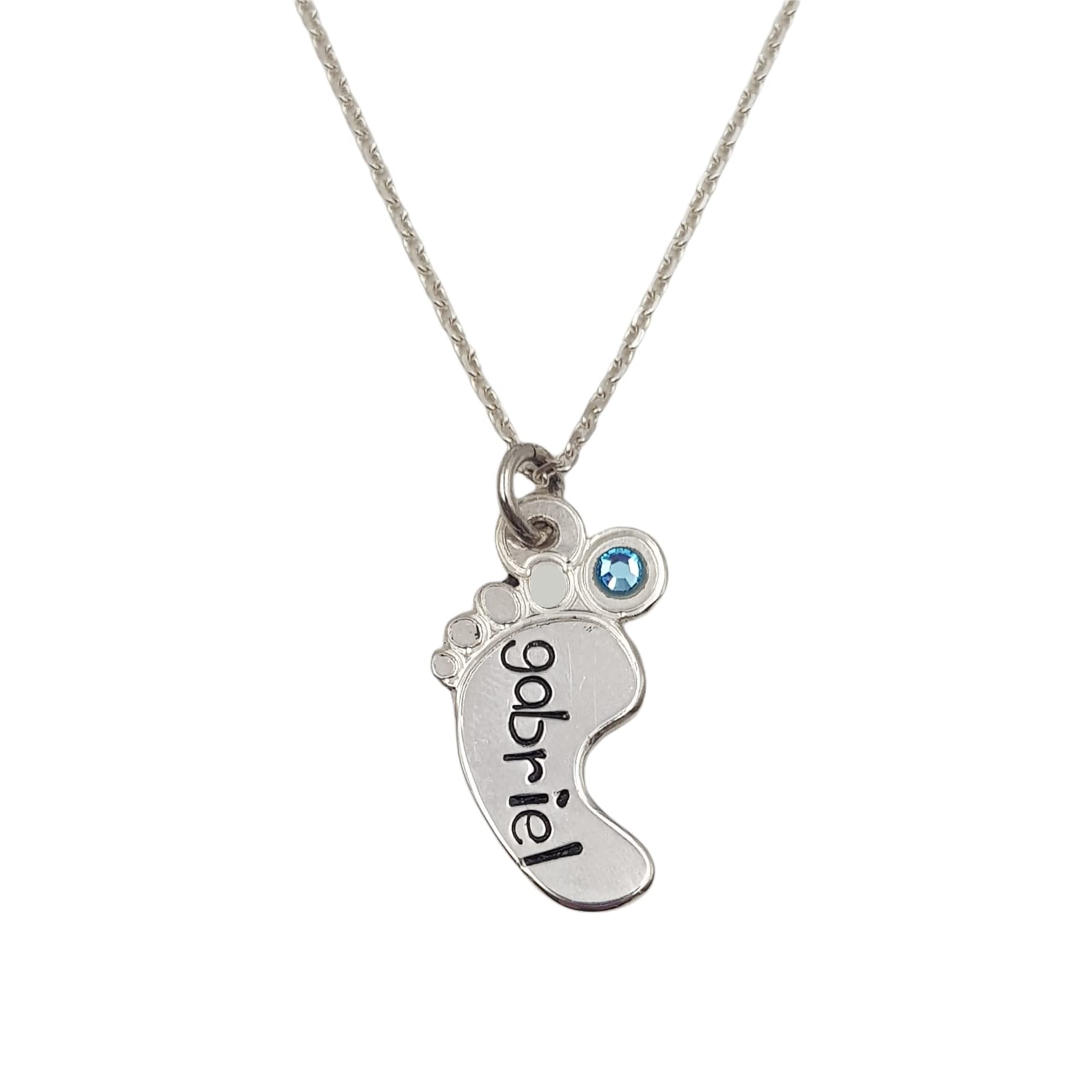 Collar para personalizar con nombre con colgante de huella de bebé en plata 1ª ley. Ideal para madre o abuela. Se puede elegir color de piedra.