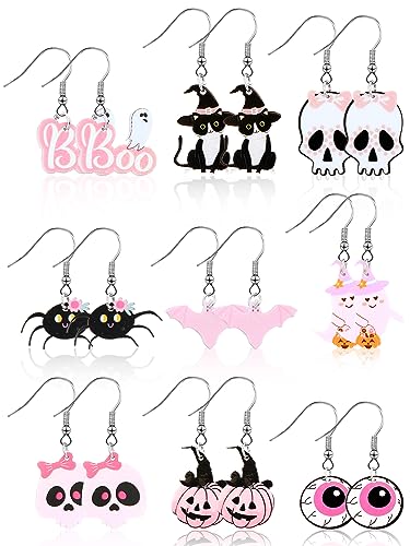 Rtteri 9 Pairs Pink Halloween Earrings Set Cat Bat Web Skull Halloween Jewelry for Women Party Gift