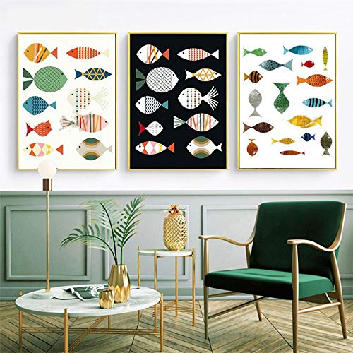 Peinture sur toile poisson coloré en 3 panneaux abstraits de 40x60cm pour chambre d'enfant