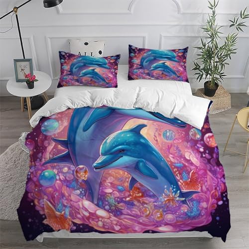 Parure de couette dauphins colorés couvre-lit microfibre luxe Super King