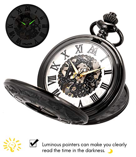 Image of ManChDa Mechanical Roman Numerals Dial Skeleton Pocket Watches with Box and Chains for Mens Women