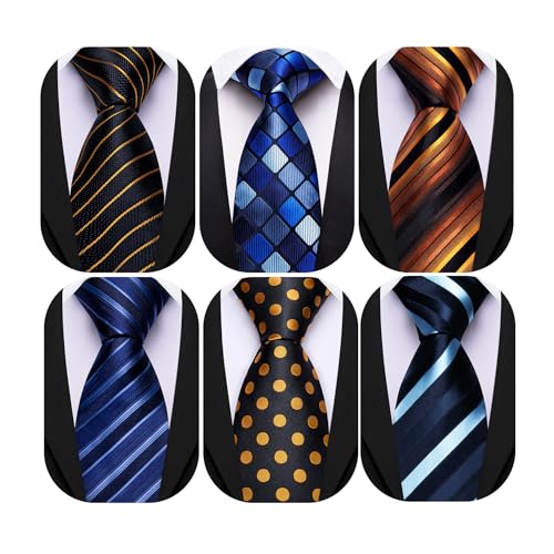 Image of Barry.Wang Mens 6 PCS Ties Silk Striped Paisley Check Floral Necktie Silky Woven Wedding Business Party Ties 3.34 inch