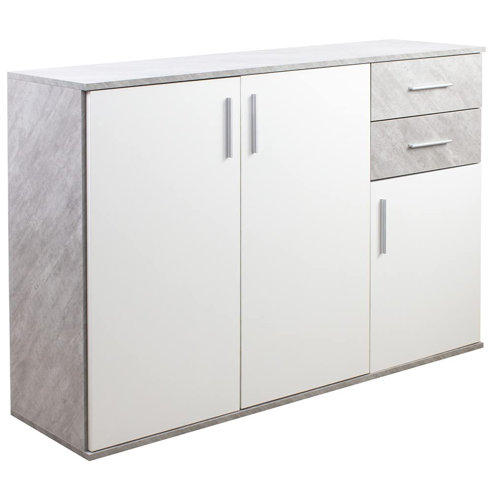 BAKAJI Madia Armadietto Armadio 3 Ante 2 Cassetti, Mobile Mobiletto Design Minimal Camera da Letto, Soggiorno, Arredamento Casa Ufficio, Resistente Robusto Multiuso (Cemento e Bianco)