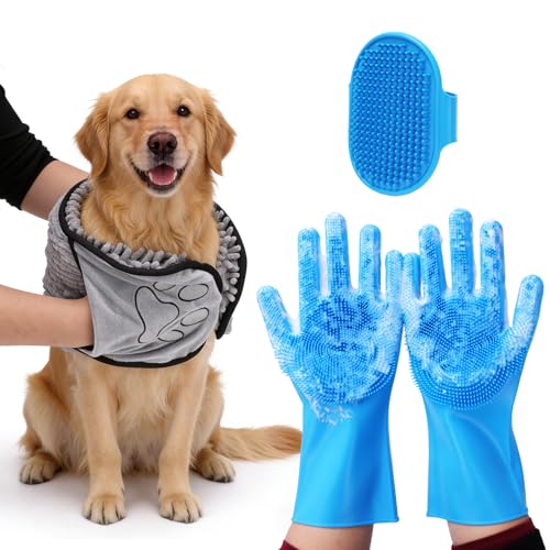 Image of 3PCS Dog Bath Kit,Dog Bath Brush | Dog Bath Gloves | Microfiber Dog Towel 26'' X 11'' Extra Soft Plush Chenille Dog Drying Towel to Dry Soggy Large Pets & Small Puppy