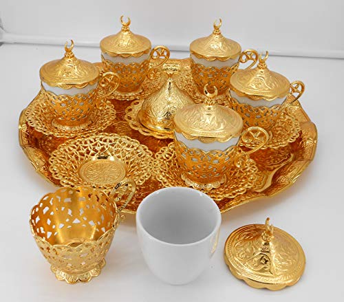Gold color Set of 6 coffee cups with metal saucer, cup holder, lid & tray/Moroccan drink ware/Home decorative