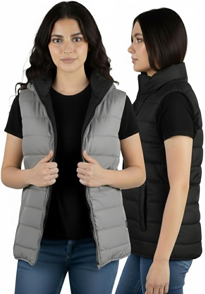 fox & fury Unisex Reversible Puffer Jacket with Hood & Reversible Puffer Vest Men & Women Bubble Hooded Down Jacket Insulated