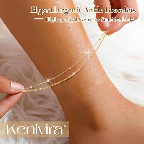 Image of Kenivira Sterling Silver Ankle Bracelets for Women,Gold Dainty Layered Waterproof Anklet for Women, Anklet Set Stackable Beach Gift Adjustable Size