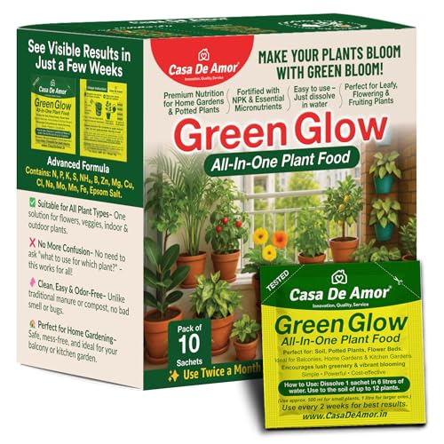 Image of Casa De Amor Green Glow- All In One Plant Food | Complete Nutrition with NPK & Micronutrients | For All Indoor, Outdoor, Balcony Plants | 10 Sachets (200g) | Fast Growth & Flowering